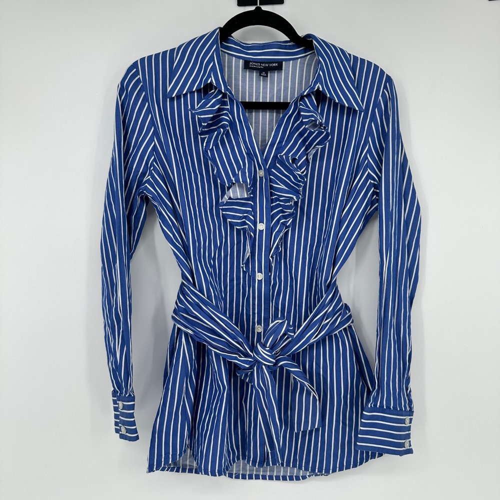 Jones New York Blue Striped Ruffle Tie Front Button Up Long Sleeve Blouse Chic M